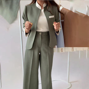 Conjunto de 2 piezas para mujer: Chaqueta elegante con cuello alto y pantalón
