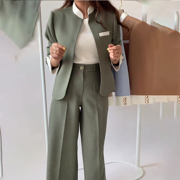Conjunto de 2 piezas para mujer: Chaqueta elegante con cuello alto y pantalón