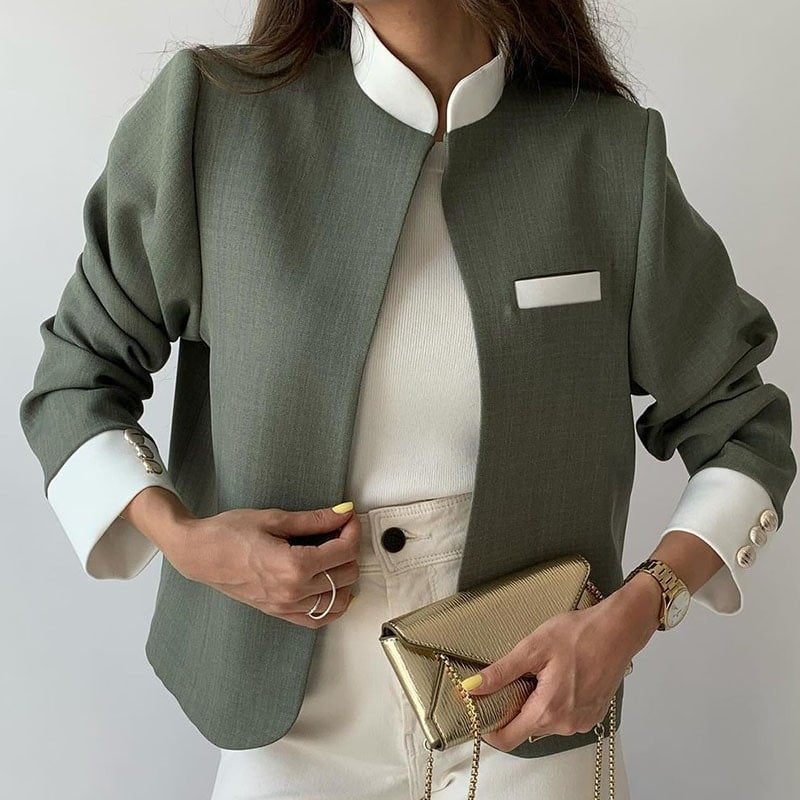 Conjunto de 2 piezas para mujer: Chaqueta elegante con cuello alto y pantalón