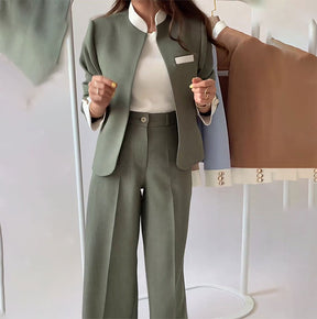 Conjunto de 2 piezas para mujer: Chaqueta elegante con cuello alto y pantalón