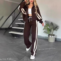 Conjunto casual para mujer: Chaqueta de rayas con cremallera y pantalón