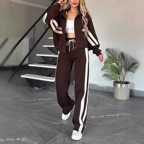 Conjunto casual para mujer: Chaqueta de rayas con cremallera y pantalón