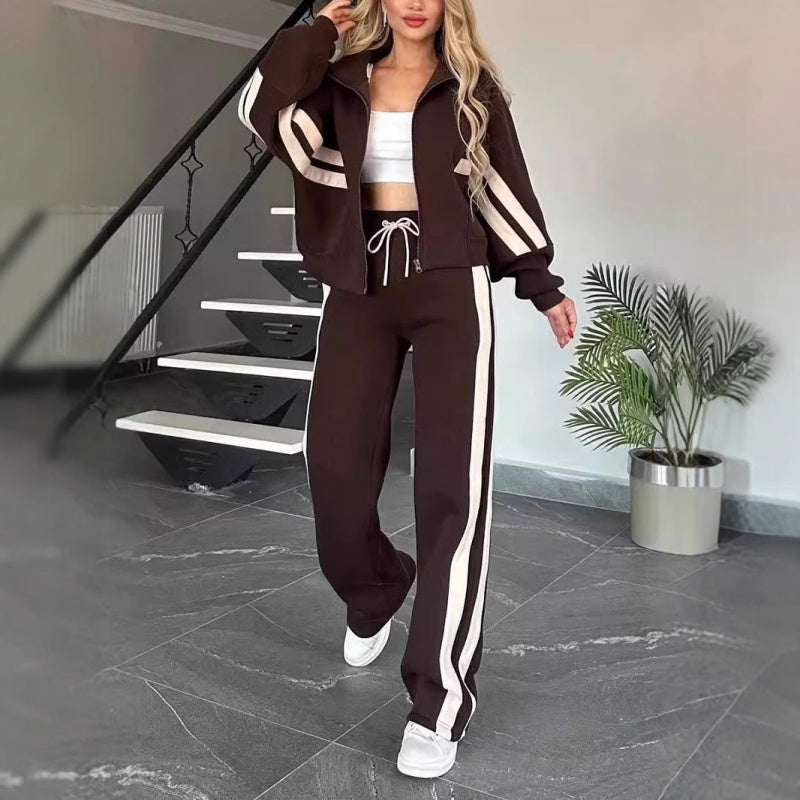 Conjunto casual para mujer: Chaqueta de rayas con cremallera y pantalón