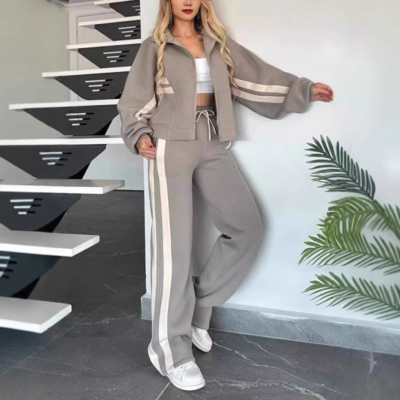 Conjunto casual para mujer: Chaqueta de rayas con cremallera y pantalón