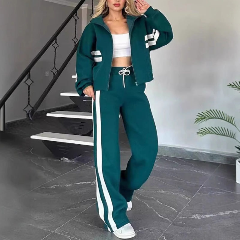 Conjunto casual para mujer: Chaqueta de rayas con cremallera y pantalón