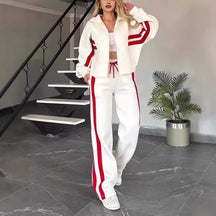 Conjunto casual para mujer: Chaqueta de rayas con cremallera y pantalón