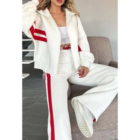 Conjunto casual para mujer: Chaqueta de rayas con cremallera y pantalón