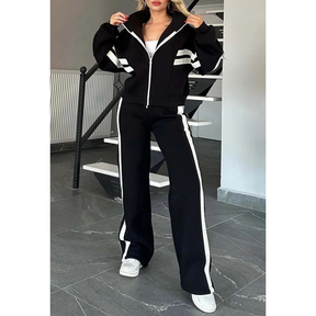 Conjunto casual para mujer: Chaqueta de rayas con cremallera y pantalón