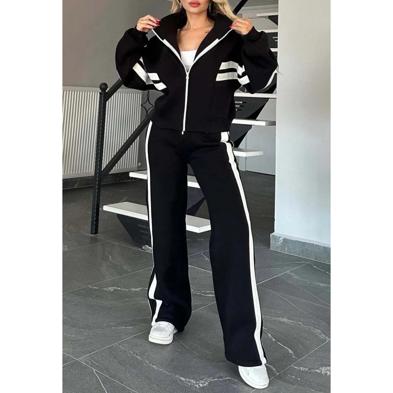 Conjunto casual para mujer: Chaqueta de rayas con cremallera y pantalón