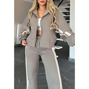 Conjunto casual para mujer: Chaqueta de rayas con cremallera y pantalón