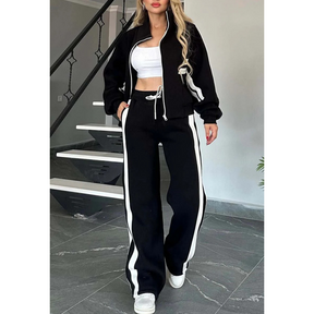 Conjunto casual para mujer: Chaqueta de rayas con cremallera y pantalón
