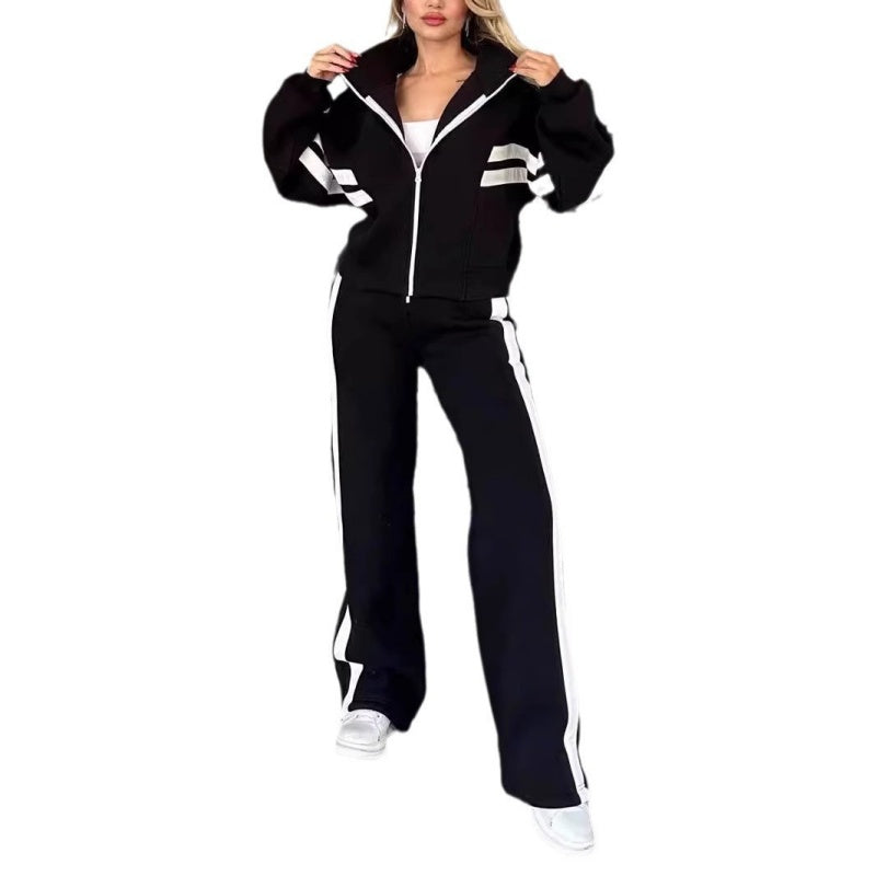 Conjunto casual para mujer: Chaqueta de rayas con cremallera y pantalón