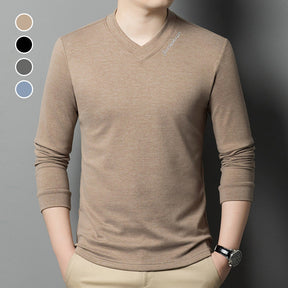 Camiseta de Manga Larga de Color Sólido para Hombre con Cuello en V