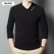 Camiseta de Manga Larga de Color Sólido para Hombre con Cuello en V