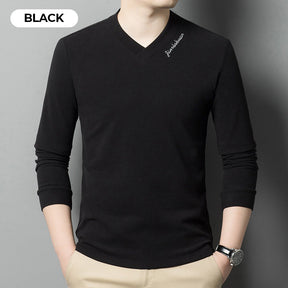 Camiseta de Manga Larga de Color Sólido para Hombre con Cuello en V