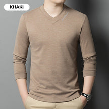 Camiseta de Manga Larga de Color Sólido para Hombre con Cuello en V